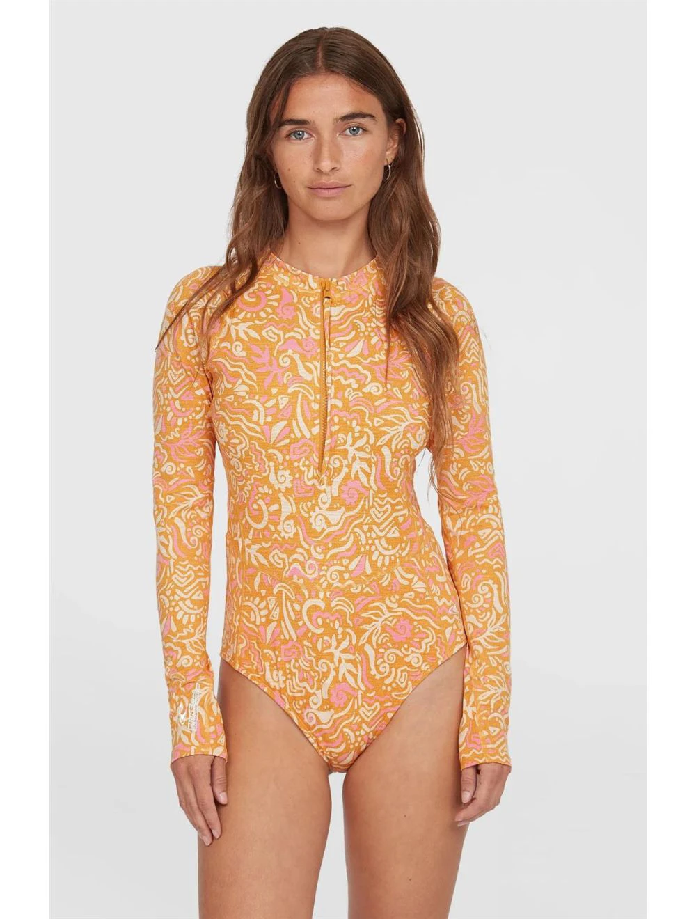 That is a Rashguard; Lycrasuit O'Neill Women of the Wave L/Slv Surf Suit orange abstract wave